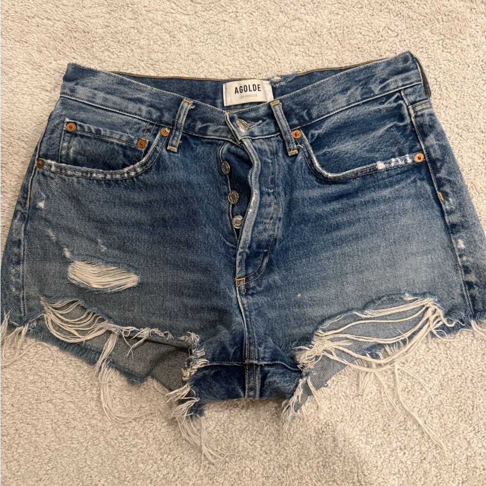 Agolde Parker short Medium Blue Distressed High-Rise Denim Shorts